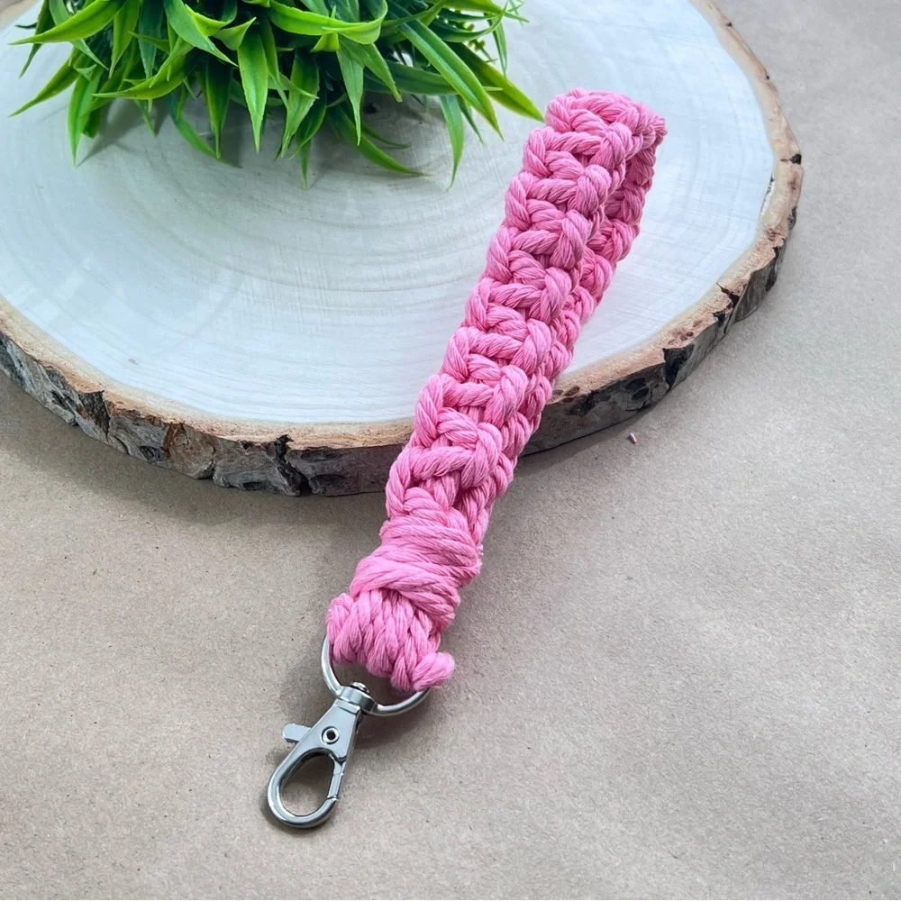 Boho Macrame Wristlet Hot Pink Keychain